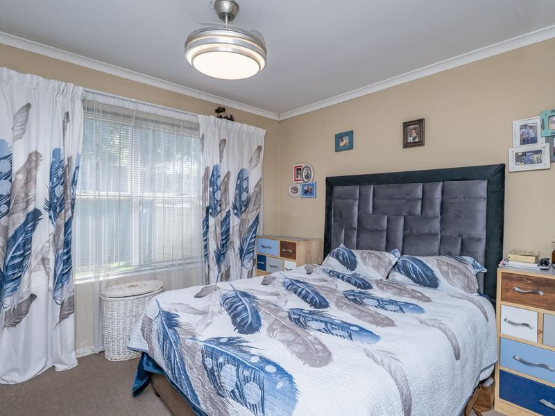 A functional bedroom featuring a ceiling fan and window blinds, providing a comfortable and well-lit space.