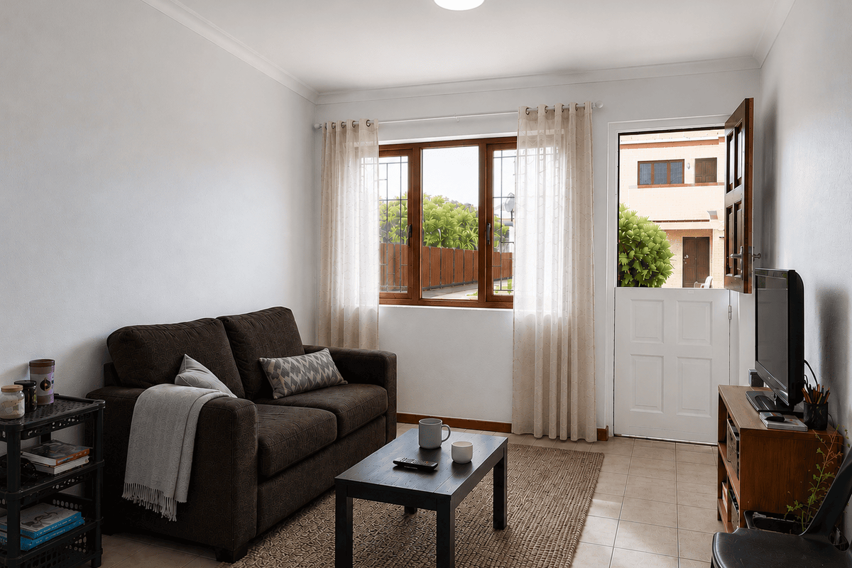 A compact living room featuring tiled flooring, timber-framed windows with security bars, and a stable-style door leading to the exterior.