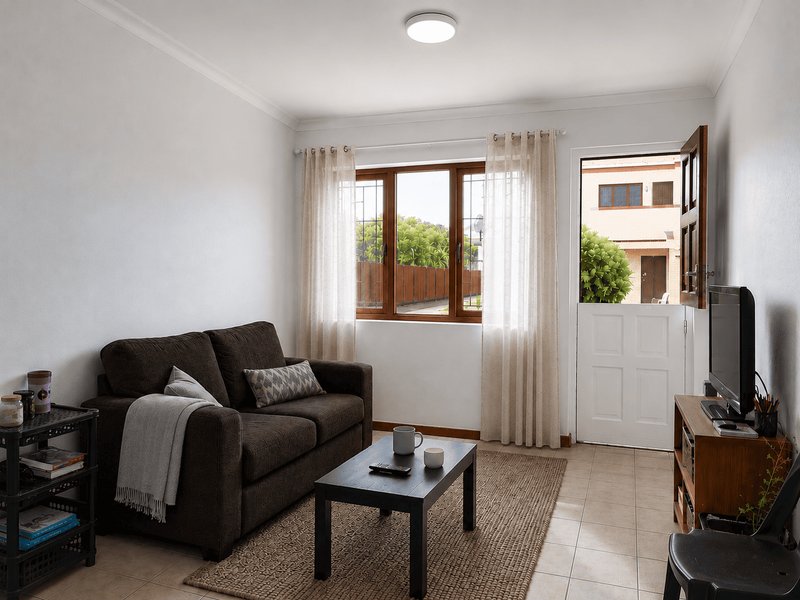 A compact living room featuring tiled flooring, timber-framed windows with security bars, and a stable-style door leading to the exterior.