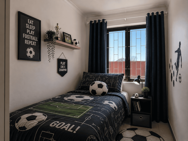 A compact bedroom featuring a window with security bars, a floating shelf, and neutral wall finishes, currently styled as a themed sports room.