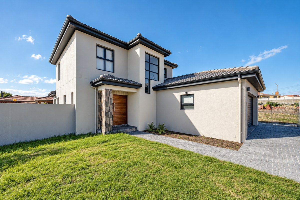 Modern double-storey townhouse exterior featuring a paved driveway, stone-clad entrance pillar, timber front door, and a well-maintained lawn.