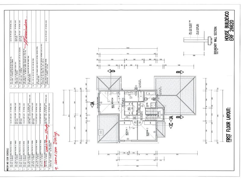 Architectural first floor layout plan for a townhouse, detailing room dimensions, window and door schedules, and boundary wall specifications.
