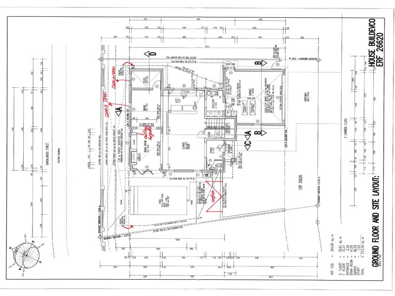 Architectural ground floor and site layout plan for the property, detailing room dimensions, garage, pool area, and driveway access.