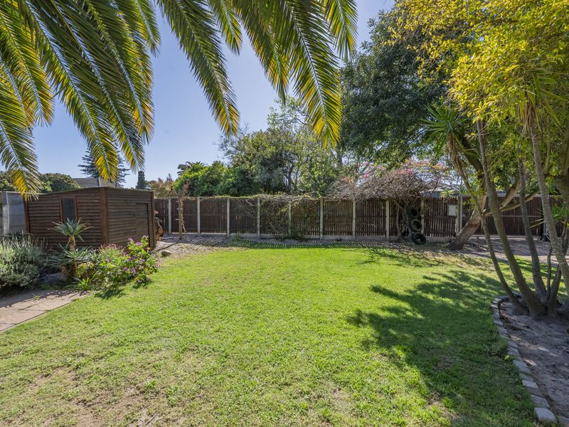 A spacious backyard featuring a well-established lawn, mature trees, and a timber boundary fence with a garden shed.