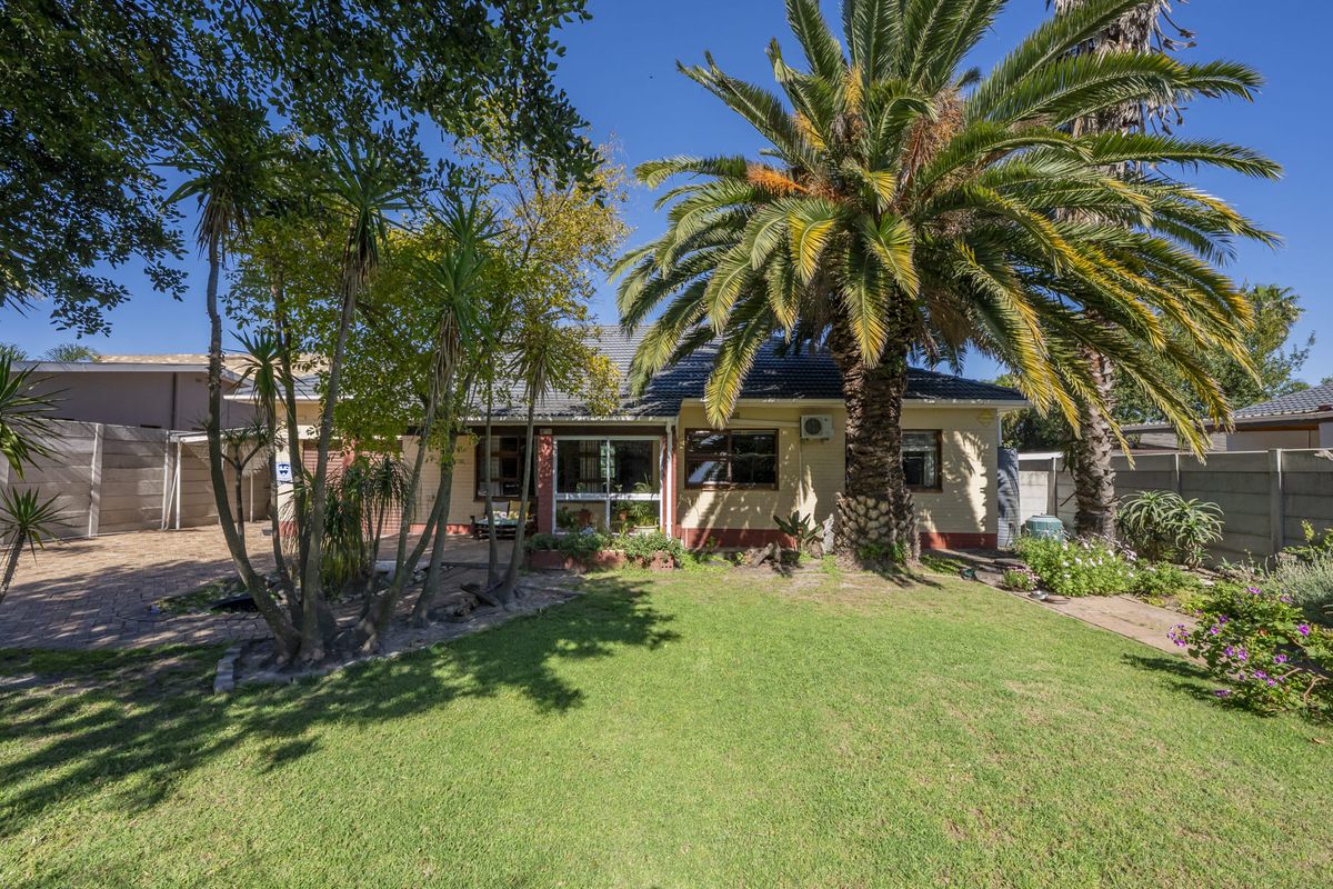 Rear view of the house featuring a well-maintained lawn, paved driveway, and established garden with a large palm tree.