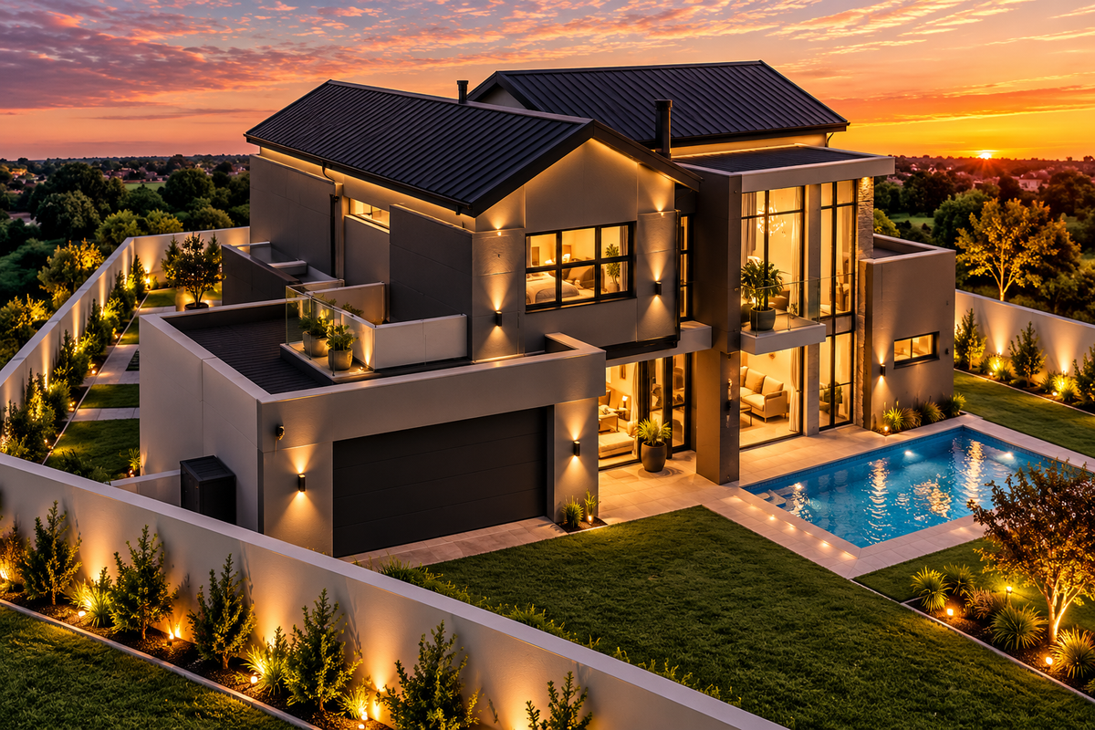 Modern luxury two-story residence featuring a swimming pool, private balcony, integrated garage, and extensive exterior landscape lighting at sunset.