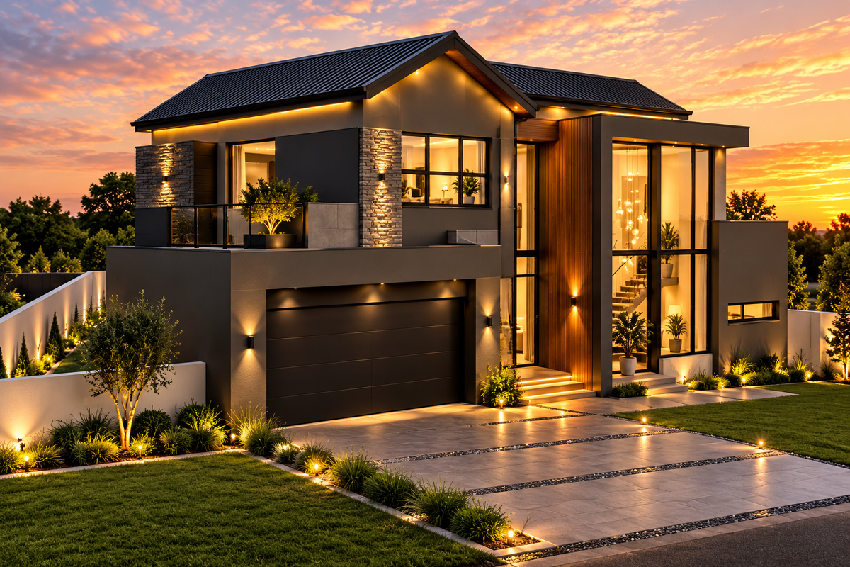 Modern luxury two-story residence featuring stone accents, a double garage, expansive glass windows, and a beautifully landscaped front garden at sunset.