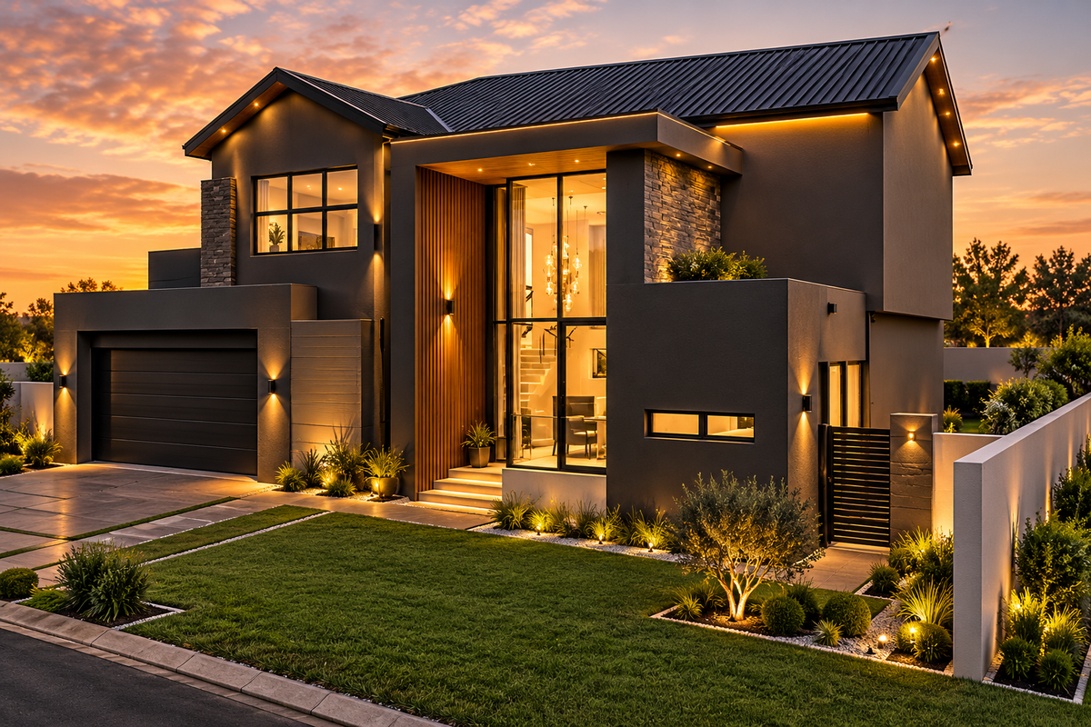 Modern double-story residence featuring striking dark facade, stone accents, timber detailing, integrated lighting, and a manicured front garden with a double garage.
