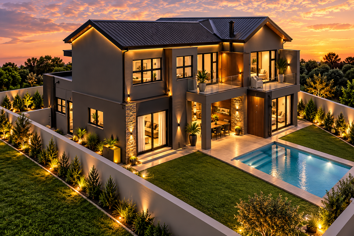 Stunning modern two-story residence featuring a swimming pool, covered patio, balcony, and beautifully landscaped garden with integrated exterior lighting at sunset.