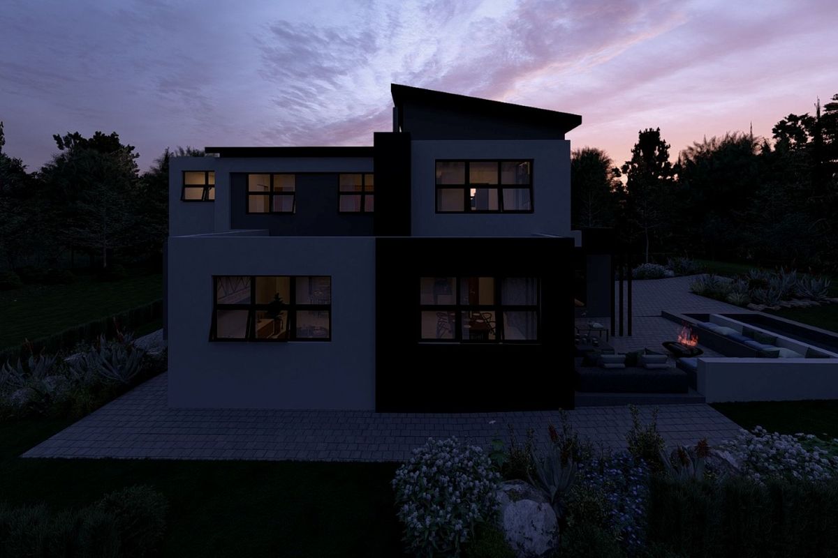 A modern two-story residential exterior at dusk, featuring a paved patio area with a built-in fire pit and landscaped garden surroundings.