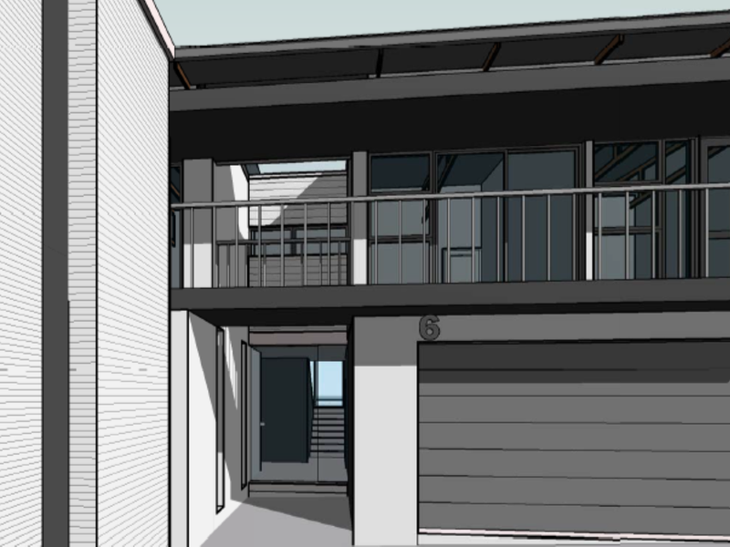 A digital architectural rendering of a modern house exterior featuring a garage, balcony, and entrance area.