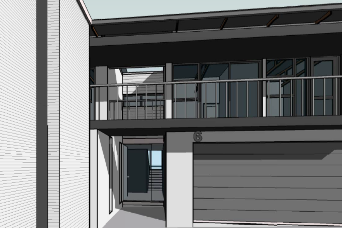 A digital architectural rendering of a modern house exterior featuring a garage, balcony, and entrance area.