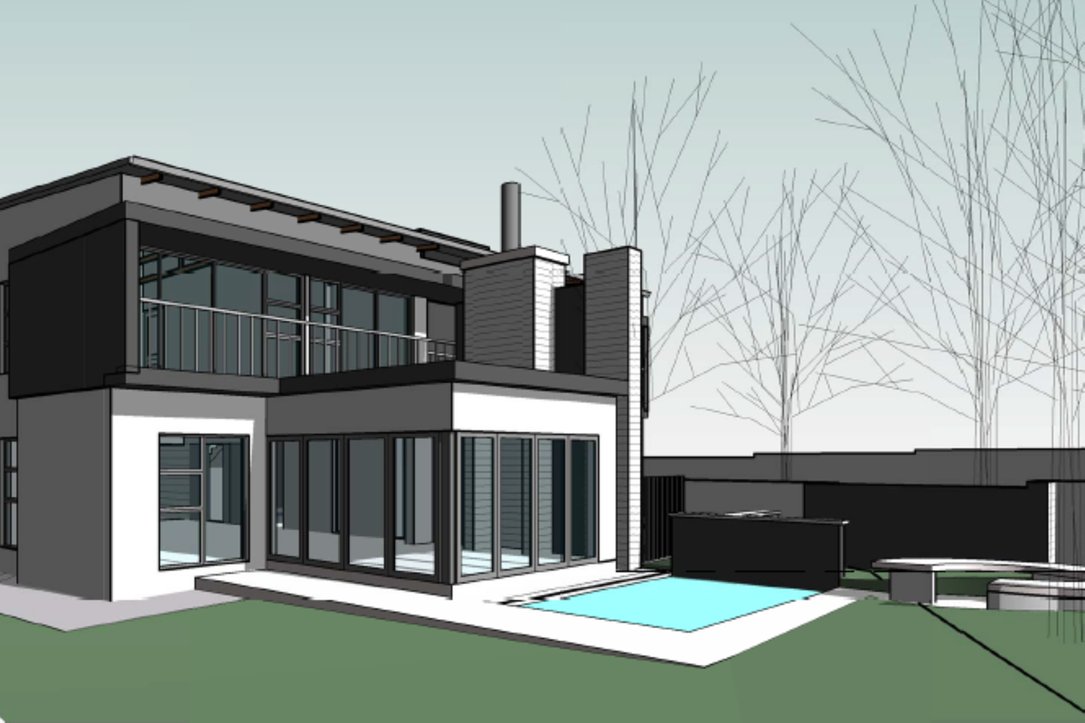 A 3D architectural rendering of the rear elevation featuring a modern home, swimming pool, balcony, and integrated outdoor living space.