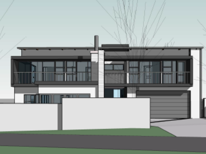 A digital architectural rendering of a modern two-story house featuring a balcony, integrated garage, and clean contemporary lines.