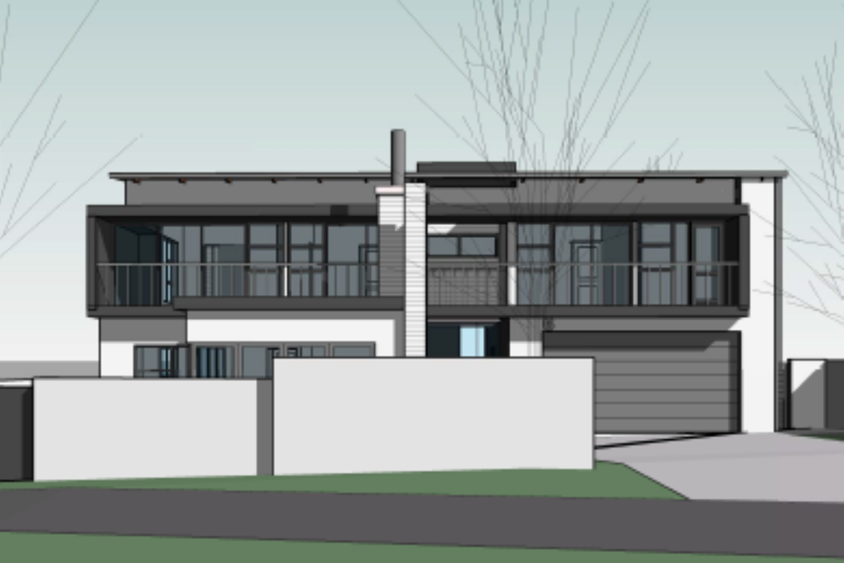 A digital architectural rendering of a modern two-story house featuring a balcony, integrated garage, and clean contemporary lines.