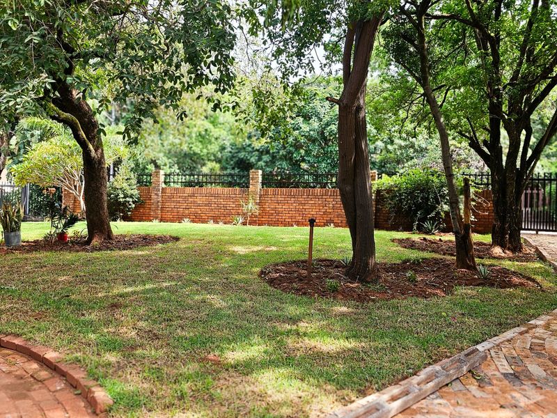 A well-maintained garden area featuring mature trees, a manicured lawn, brick boundary walls with security fencing, and a paved driveway.