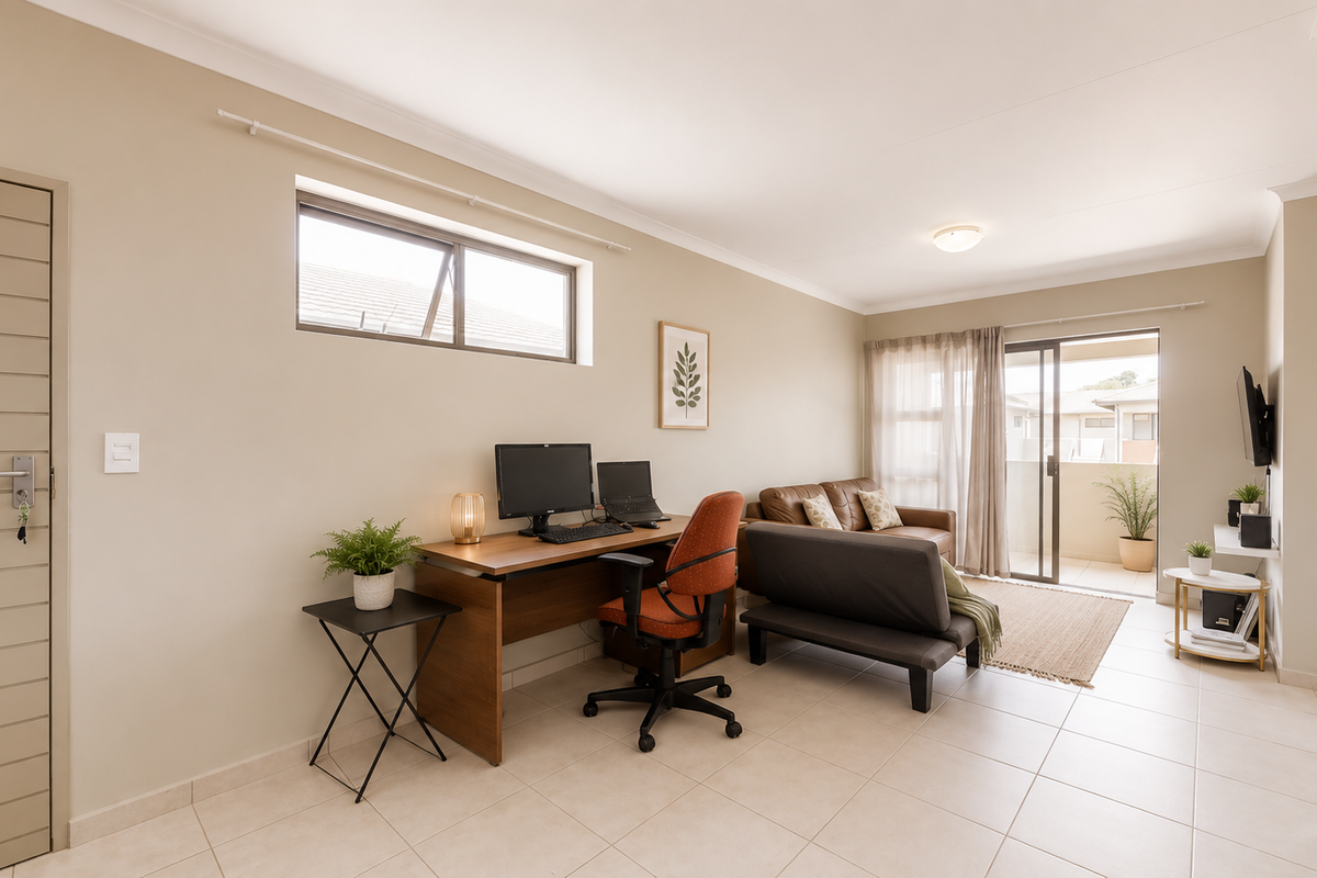 A bright and well-maintained living area featuring tiled flooring, a dedicated workspace, and a sliding glass door providing access to a private balcony.