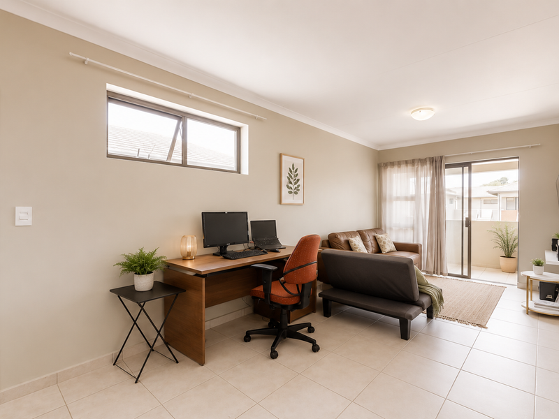 A bright and well-maintained living area featuring tiled flooring, a dedicated workspace, and a sliding glass door providing access to a private balcony.