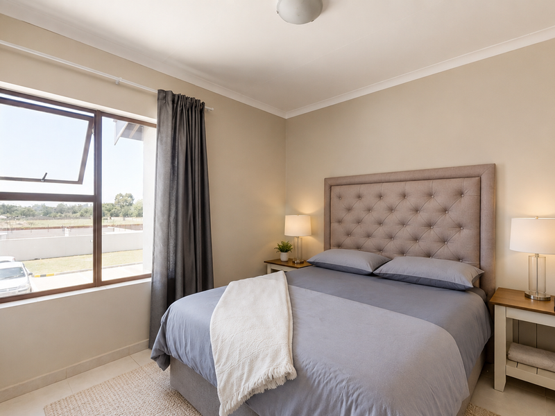 A well-maintained bedroom featuring neutral walls, built-in wardrobe storage, and an aluminium-framed window with natural light.