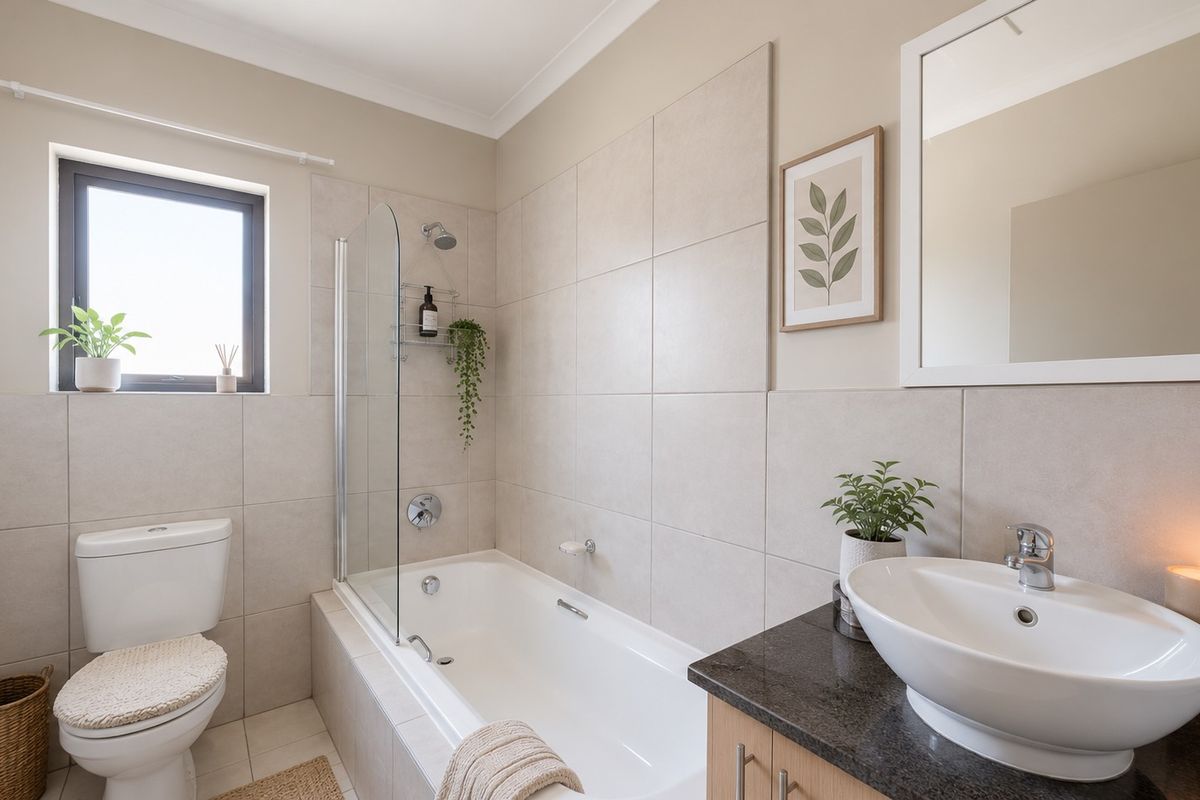 A well-maintained bathroom featuring a built-in bathtub with a glass screen, a modern vessel sink on a stone vanity, and neutral ceramic tiling.