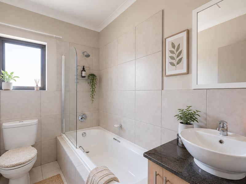 A well-maintained bathroom featuring a built-in bathtub with a glass screen, a modern vessel sink on a stone vanity, and neutral ceramic tiling.