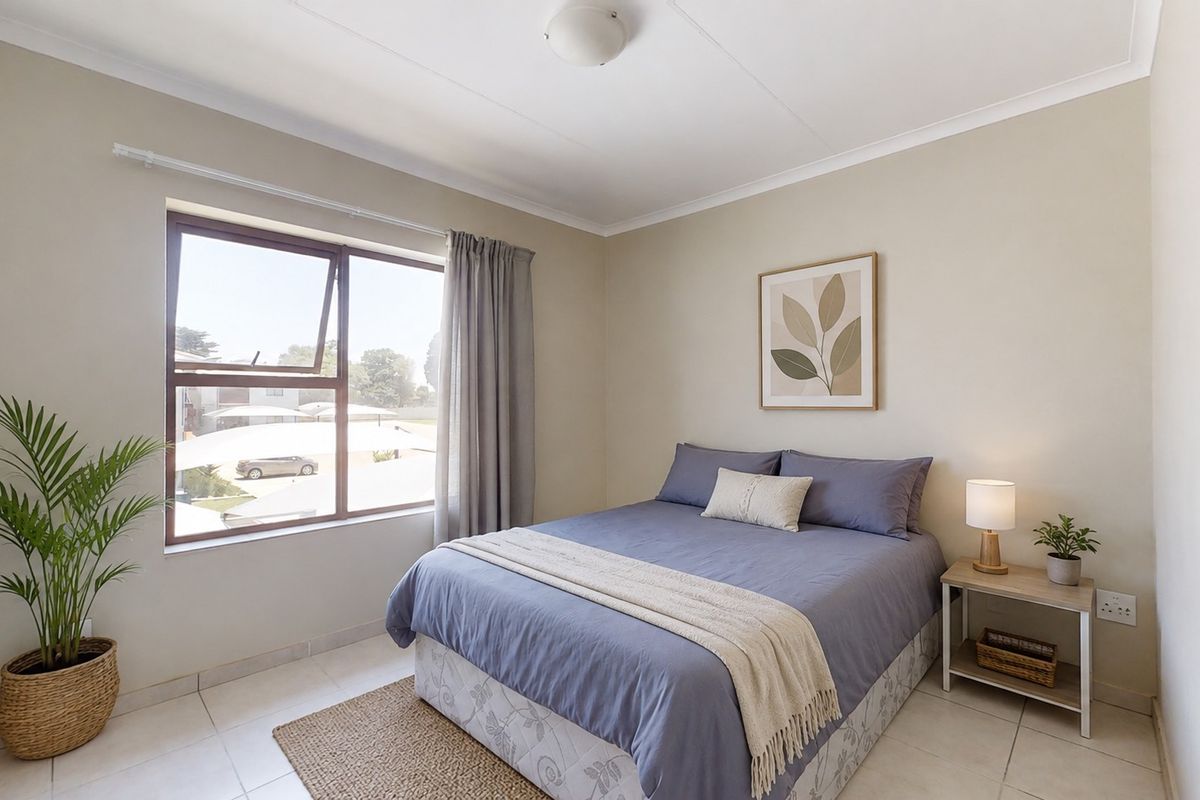 A well-maintained bedroom featuring neutral wall tones, tiled flooring, and a large aluminium-framed window providing natural light.