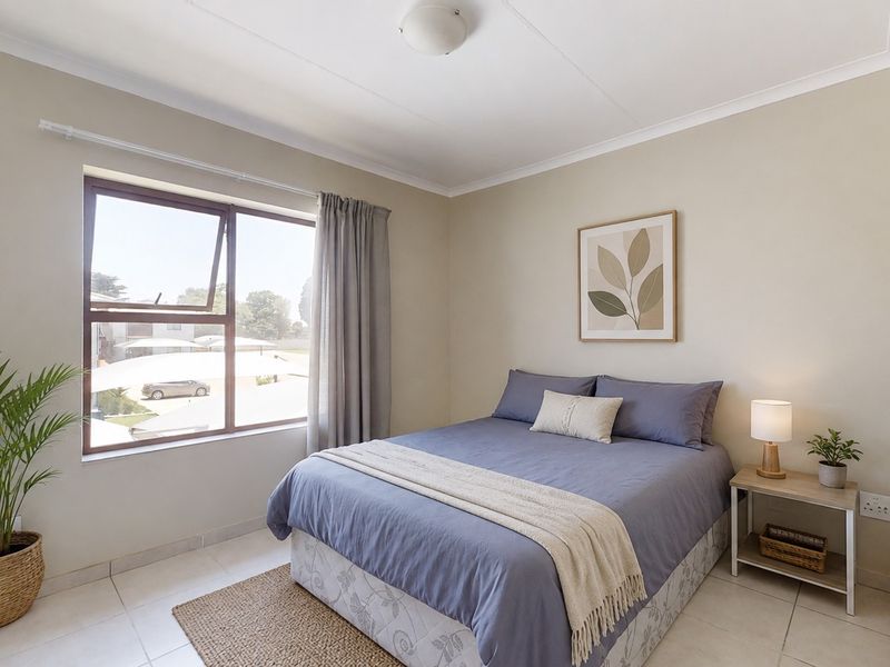 A well-maintained bedroom featuring neutral wall tones, tiled flooring, and a large aluminium-framed window providing natural light.