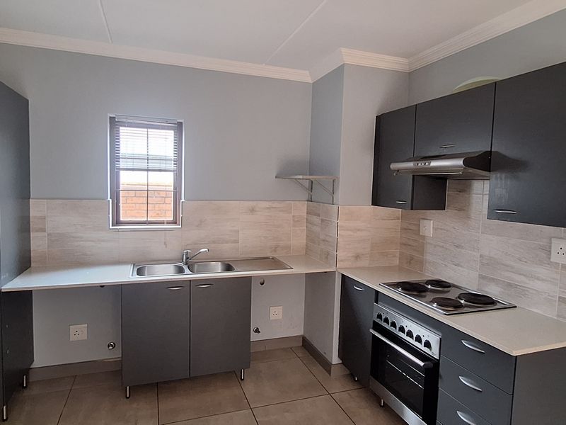 Modern kitchen featuring dark grey cabinetry, light wood-look tiled backsplash, built-in oven, electric hob, and a double basin sink.