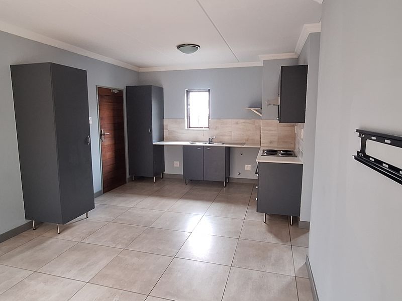 An open-plan living and kitchen area featuring modern grey cabinetry, tiled flooring, and a functional kitchenette with an integrated hob and extractor.