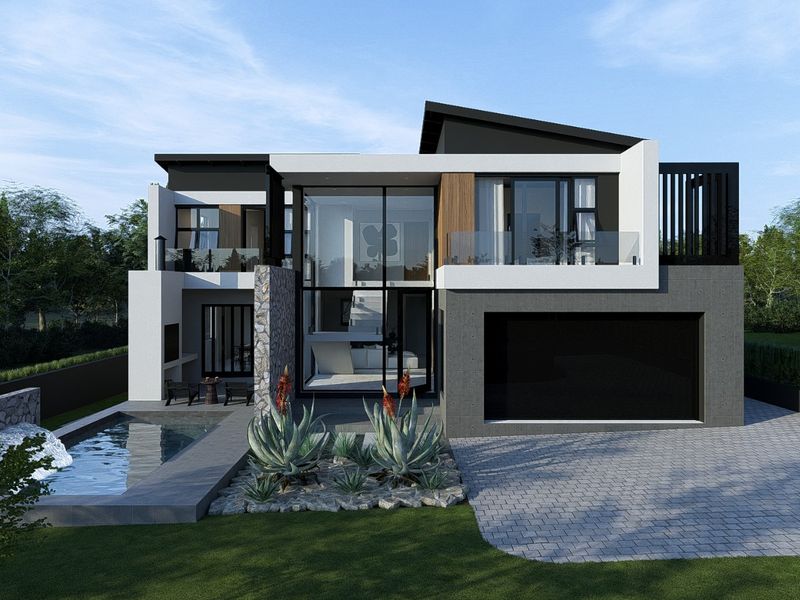 Modern architectural rear elevation featuring a double garage, swimming pool, stone accents, and expansive glass facade overlooking a landscaped garden.