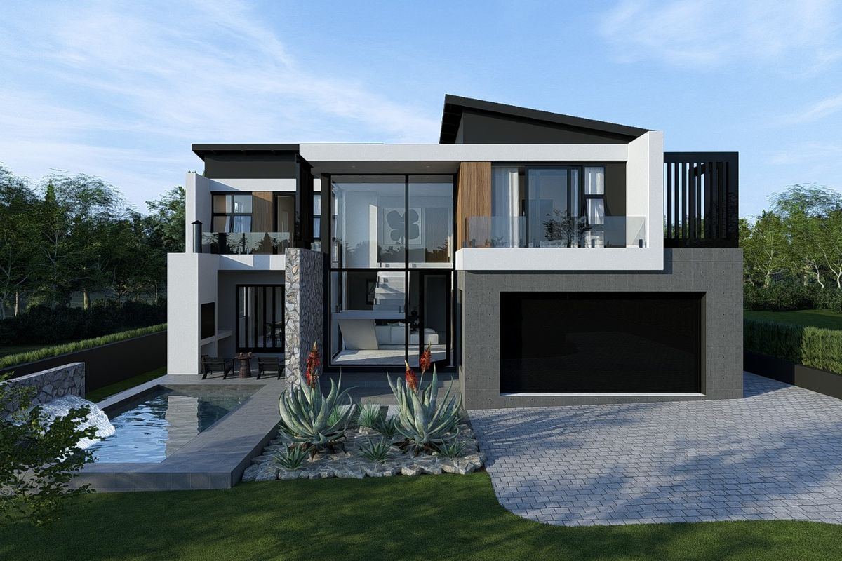 Modern architectural rear elevation featuring a double garage, swimming pool, stone accents, and expansive glass facade overlooking a landscaped garden.