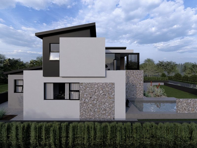Modern double-storey residence featuring stone cladding, a sleek skillion roof, and a private swimming pool set within a landscaped garden.