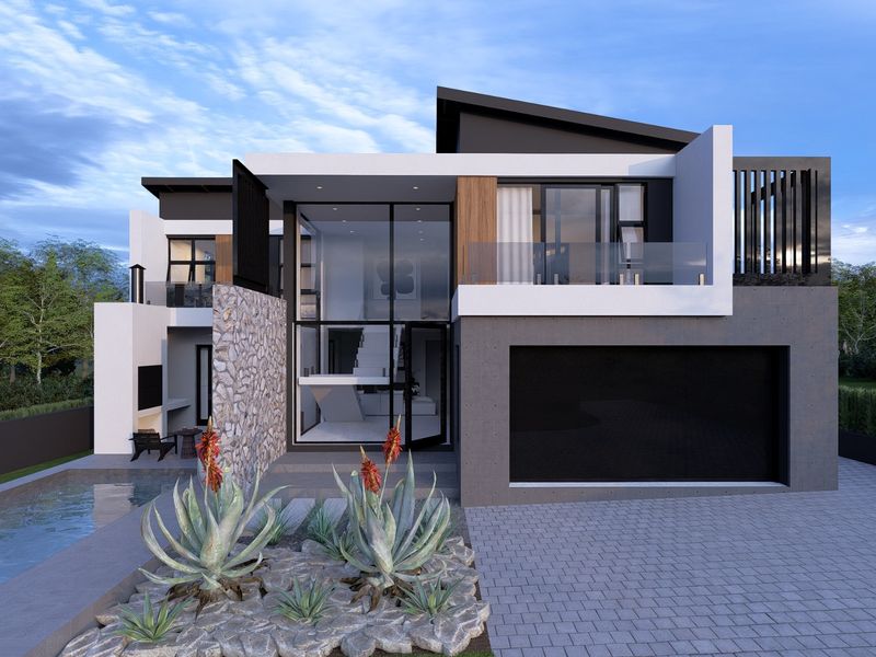 Modern architectural double-story residence featuring stone cladding, expansive glass facade, integrated swimming pool, and a spacious double garage.