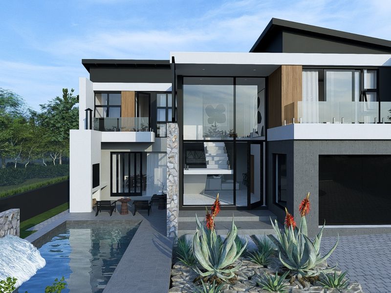 Modern double-story residence featuring a sleek glass facade, swimming pool, stone accents, and a spacious rear patio area.