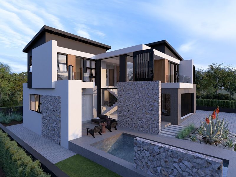 Modern double-story residence featuring stone cladding, a private swimming pool, paved patio area, and upper-level balconies with contemporary architectural design.
