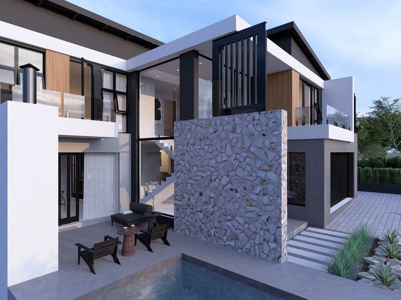 Modern rear exterior featuring a swimming pool, stone feature wall, and expansive glass windows, showcasing contemporary architectural design and high-end finishes.