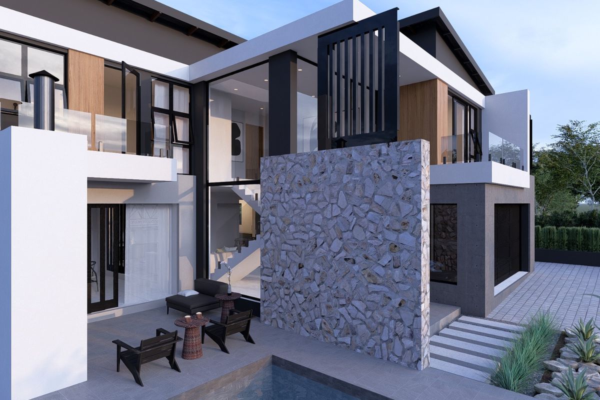 Modern rear exterior featuring a swimming pool, stone feature wall, and expansive glass windows, showcasing contemporary architectural design and high-end finishes.