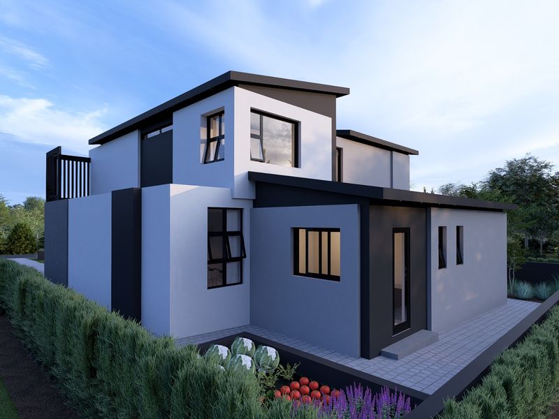 A modern two-story residential exterior featuring clean lines, a paved patio area, and a balcony, showcasing contemporary architectural design.