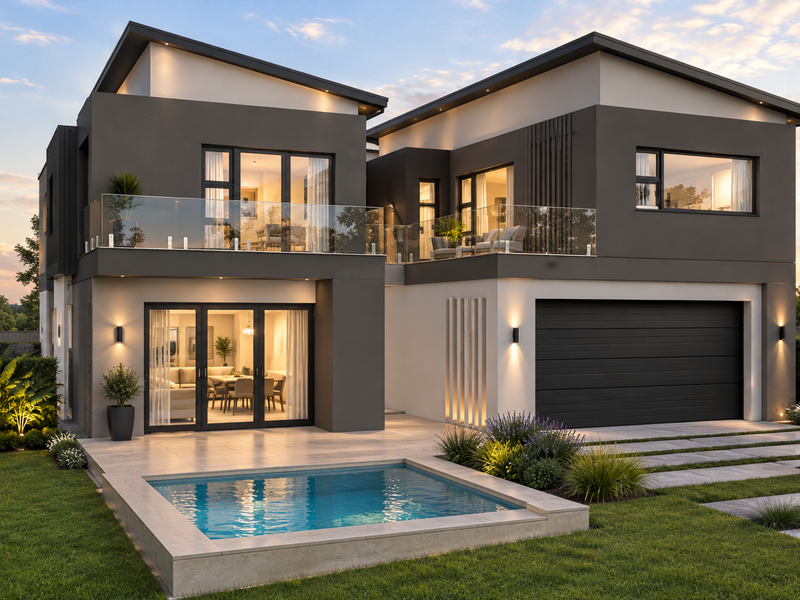 Modern double-story residence featuring a sleek exterior, private swimming pool, glass-railed balcony, and integrated double garage set within a landscaped garden.