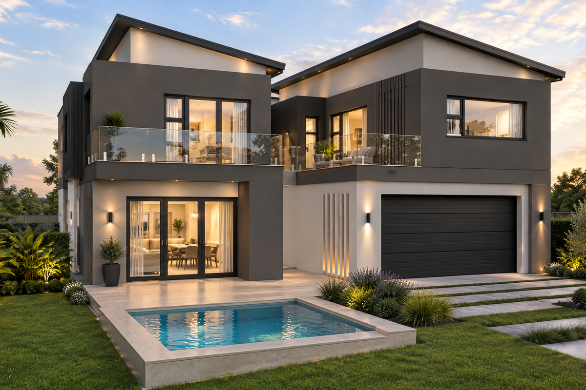 Modern double-story residence featuring a sleek exterior, private swimming pool, glass-railed balcony, and integrated double garage set within a landscaped garden.