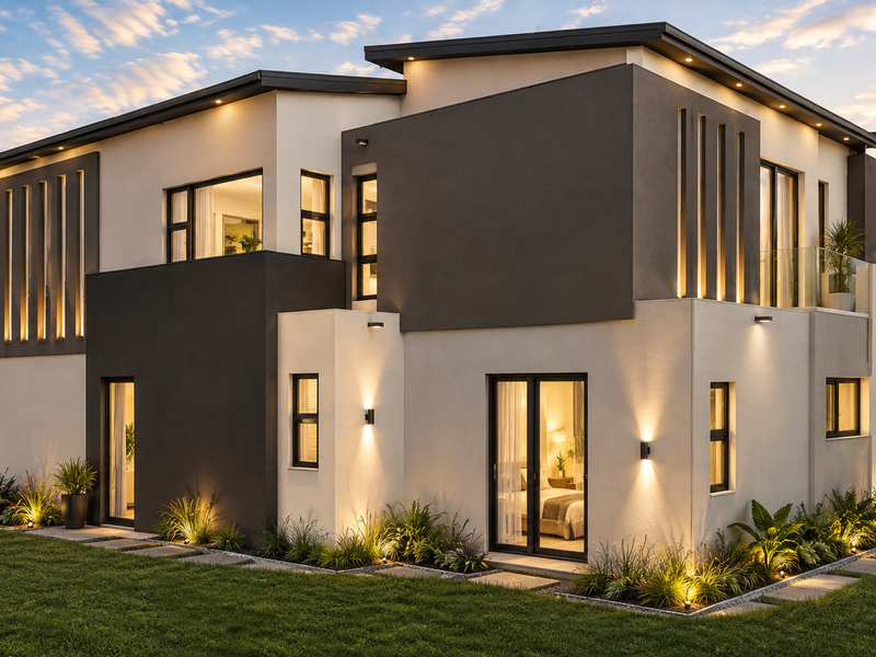 A modern two-story residential exterior featuring a contemporary facade, integrated architectural lighting, glass balcony, and a well-manicured garden with stone pathways.