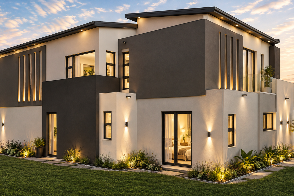 A modern two-story residential exterior featuring a contemporary facade, integrated architectural lighting, glass balcony, and a well-manicured garden with stone pathways.