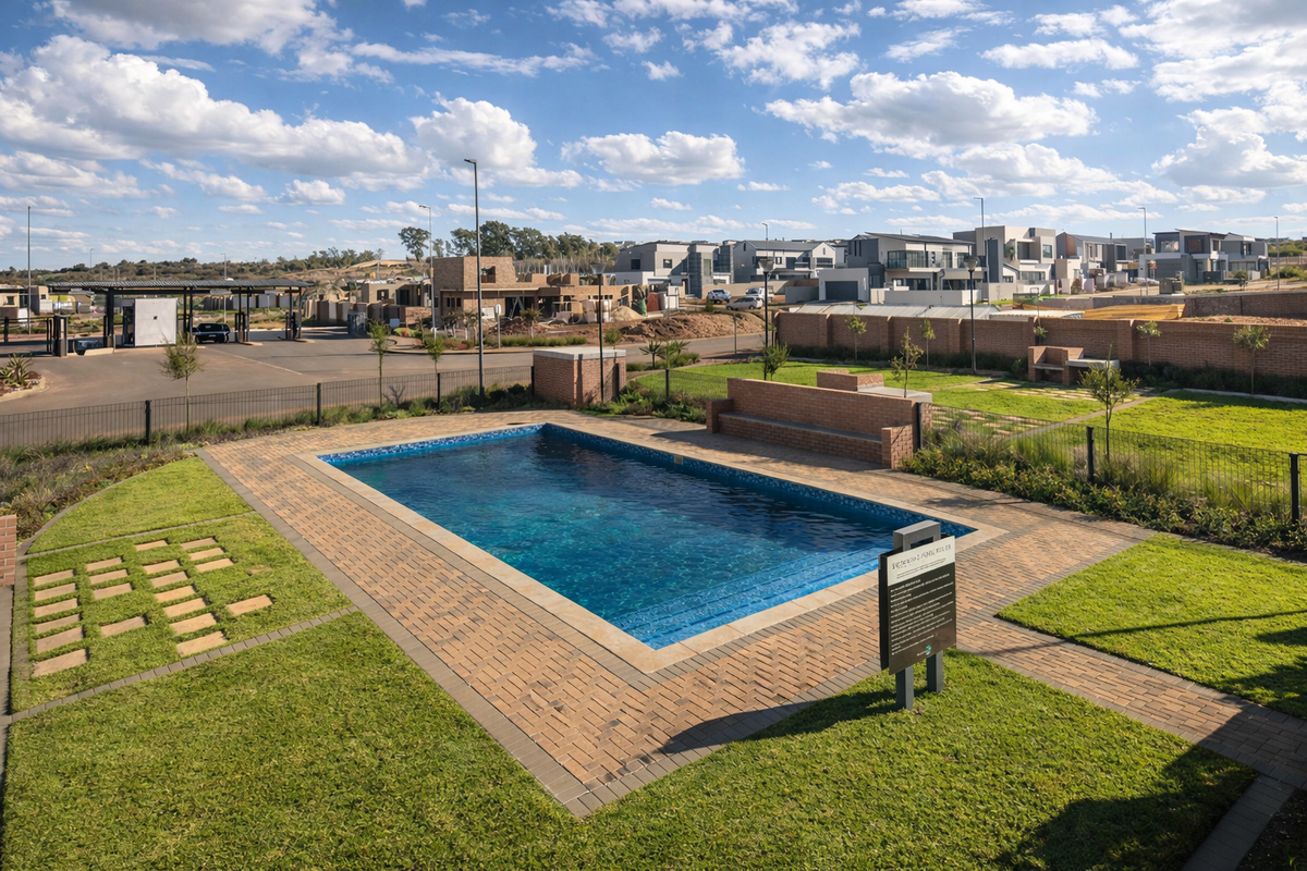 A well-maintained outdoor pool area featuring a paved surround, built-in brick seating, and landscaped lawn within a secure estate setting.