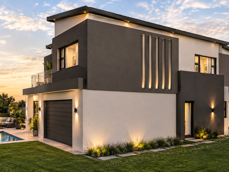 A modern two-story home featuring a sleek exterior, integrated garage, private swimming pool, and a balcony with glass balustrades, set in a landscaped garden.