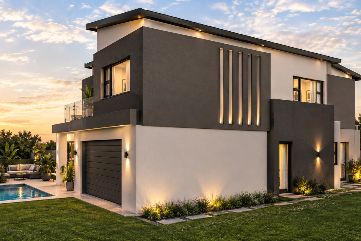 A modern two-story home featuring a sleek exterior, integrated garage, private swimming pool, and a balcony with glass balustrades, set in a landscaped garden.