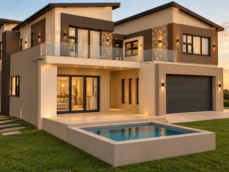 Modern double-story residence featuring a rear patio, integrated swimming pool, stone accents, and a double garage set against a landscaped lawn.