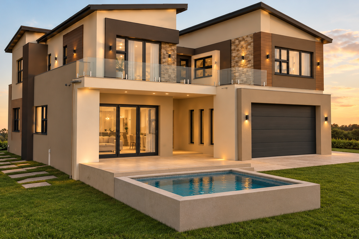 Modern double-story residence featuring a rear patio, integrated swimming pool, stone accents, and a double garage set against a landscaped lawn.