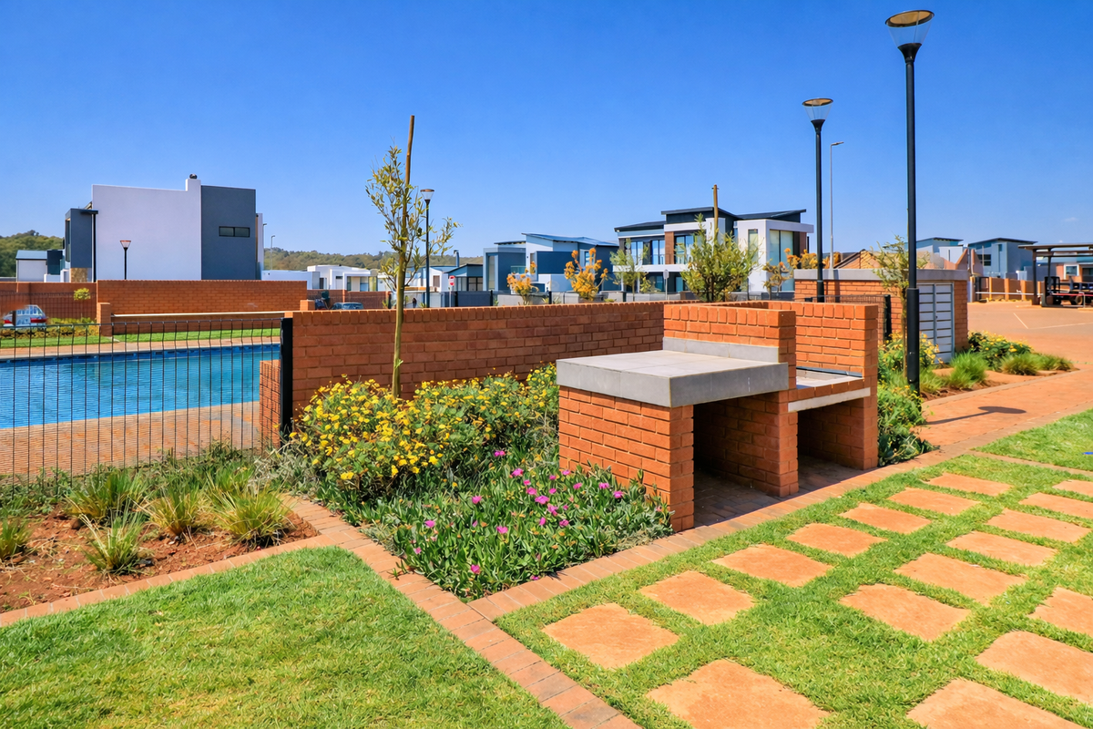 A well-maintained communal pool area featuring a brick built-in braai, paved pathways, and landscaped garden beds within a modern residential estate.