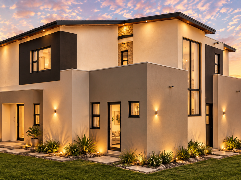 A modern double-storey residential property featuring contemporary architectural design, stone accents, integrated exterior lighting, and well-maintained landscaped grounds at sunset.
