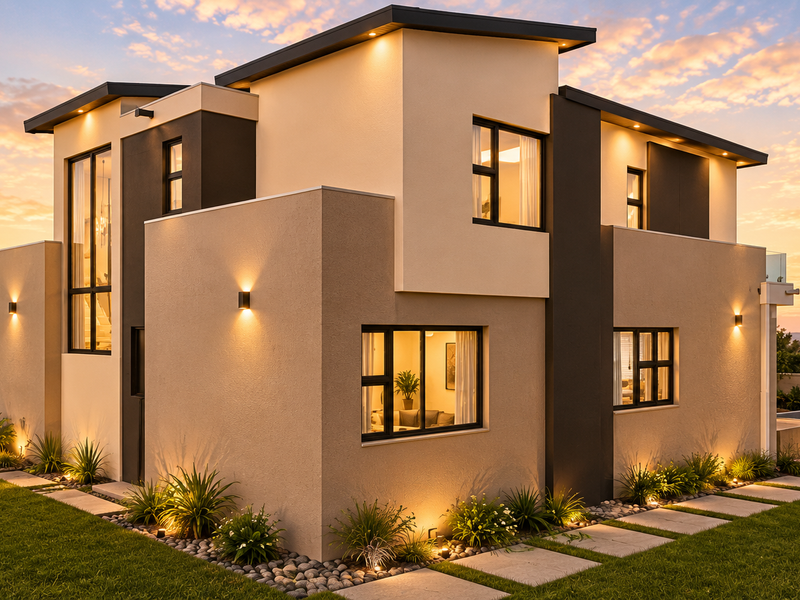A modern double-story residential home featuring contemporary architectural design, clean lines, integrated exterior lighting, and a well-maintained landscaped garden at sunset.